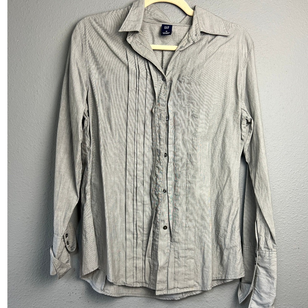 Gap Womens Blue White Micro Stripe Pintuck Pleated Button Up Shirt 12 Gorpcore